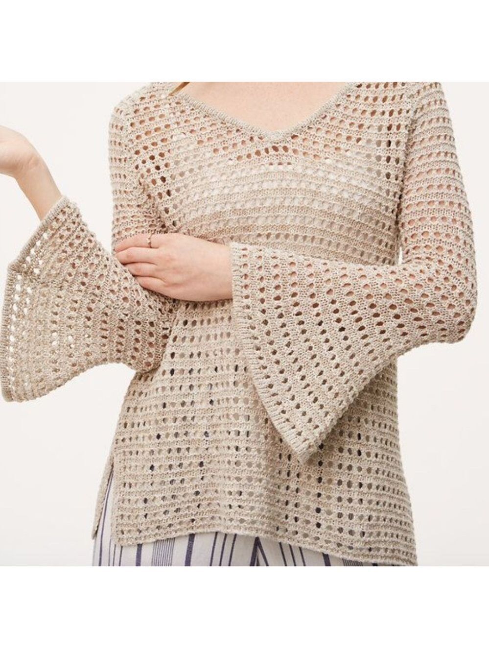 J. Jill Top open Knit Crochet sweater Boho Side Ties 3/4 bell sleeves beige XLP